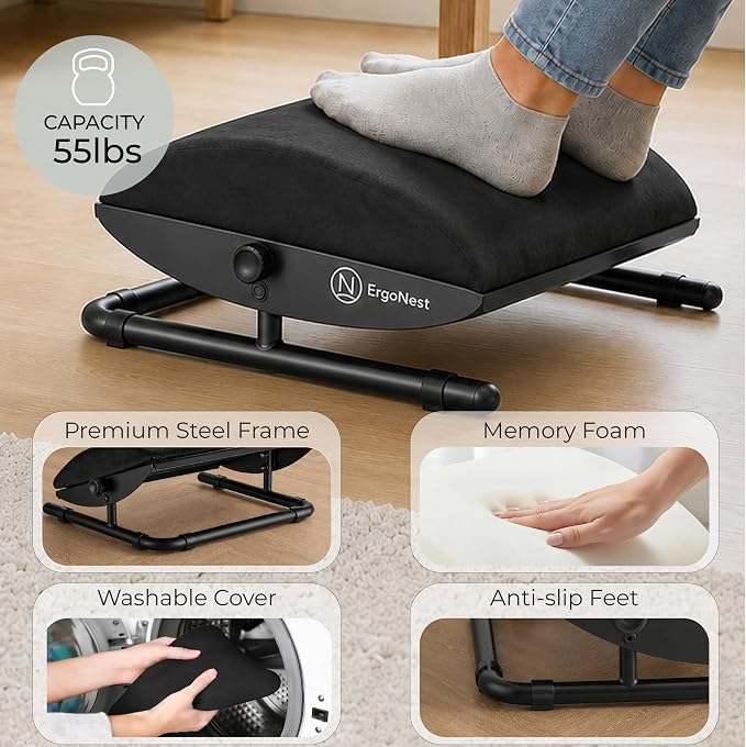 Under Desk Foot Rest – Adjustable Ergonomic Foot Rest with Steel Frame & Memory Foam Cushion, Soft Velour Finish for Superior Comfort, Designed to Improve Posture & Relieve Leg Pressure | ErgoNest™