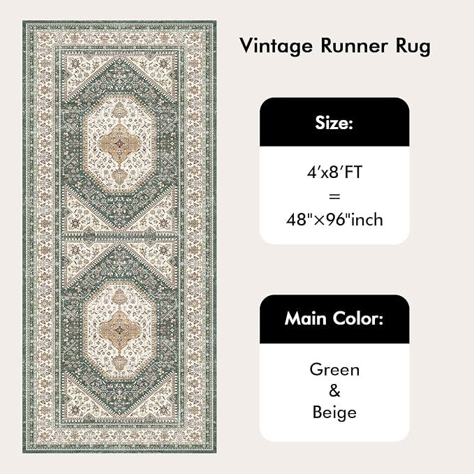 4x8 Runner Rug for Hallway Washable: Non Slip Kitchen Rugs with Rubber Backing Soft Waterproof Wide Mats Stain Resistant Low Pile Carpet for Entryway Bedroom Bathroom Laundry Home Decor Green/Beige