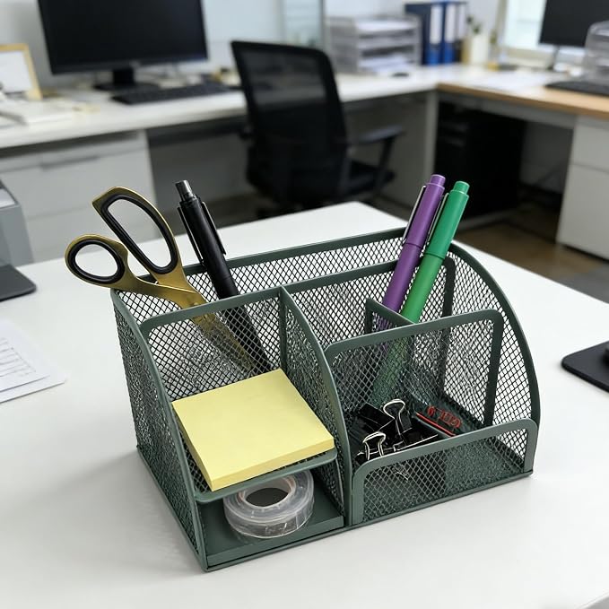 Fengtaiyuan T20, Forest Green Metal Mesh Desk Organizer with Drawer, 8.66x5.12x5.51 inch Multi-functional Desktop Storage Caddy for Office, School, Art Supplies (T20)