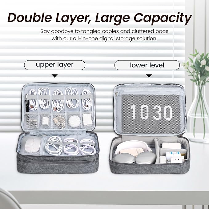 Large Electronic Organizer Travel Case, Double Layer Tech Accessories Bag with 3 DIY Adjustable Dividers, Waterproof Padded Cable Storage Pouch for Camera Gear, Power Bank, Hard Drive, Mouse