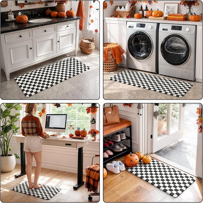 KIMODE Anti Fatigue Kitchen Mat for Floor, Checkered Kitchen Rugs Sets of 2 | Black and White Kitchen Floor Mats Non-Slip, Cushioned Standing Desk mat for Sink Laundry Office Dormitory RV 17"x47"+17"x29"