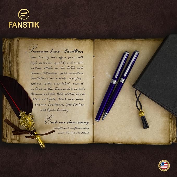 FANSTIK Blue Luxury fountain pen (Made In USA) fancy gift set for women, Chrome Finish, Professional executive pen gift set for men (Lux fountain Blue)