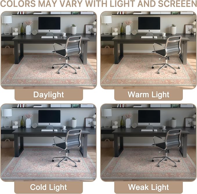 48"x60" Office Chair Mat for Hardwood Tile Floor, Under Desk Carpet Protector for Rolling Computer Chair Mat, Machine Washable Area Rug, Anti-Slip 1/5" Thick Low Pile Thin Vinyl Floor Mat, Pink