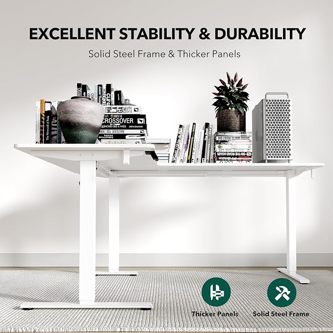FEZIBO 63" x 55"L Shaped Standing Desk, Electric Stand up Corner Computer Desk, Sit Stand Home Office Desk with Splice Board, White