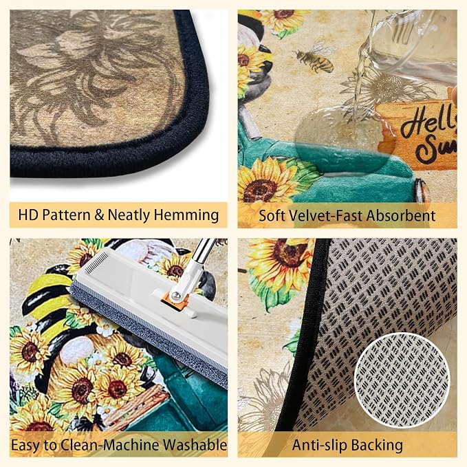Voanos Sunflower Kitchen Rugs,Non Skid Washable Microfiber mats for Kitchen Floor,Bee Truck Theme Kitchen Cushioned Runner Rug Decor Sets of 2 Pieces,17"x 47"+17"x 30"
