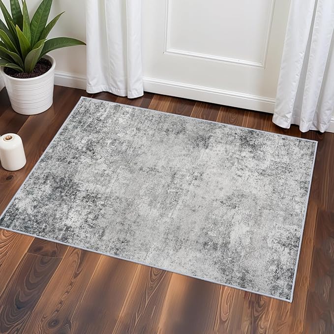 Washable 2x3 Abstract Area Rug - Large Living Room Area Rugs Modern Stain Resistant Indoor mat for Bedroom Dining Room Non Slip Rubber Backing Thin Super Soft Room Decor Floor Carpet 2x3 Grey