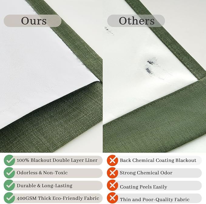 Extra Long Olive Green Blackout Floor Length Curtains 108 Inches Long for Bedroom, Pinch Pleated Privacy Light Blocking Double Layer Linen Soundproof Modern Drapes for Large Windows 2 Panels Set Loden