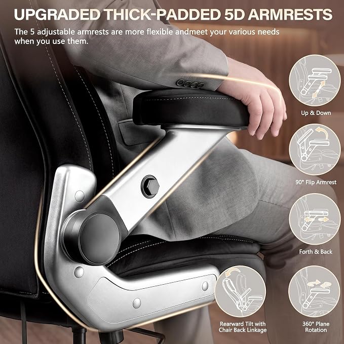 650LBS Big and Tall Office Chair with 5D Flip Arms and Thick Pocket Spring Cushion, Extra Wide Heavy Duty Office Chair & Adjustable Lumbar Support, Large High Back Computer Chair Dual Rubber Wheel