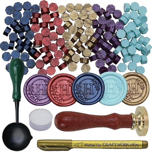 Initial Alphabet H Wax Seal Stamp Set, Retro Letter Sealing Stamp with 150Pcs Sealing Wax Beads in 5 Color, Melt Spoon Pen Kit for Wedding and Christmas (H)