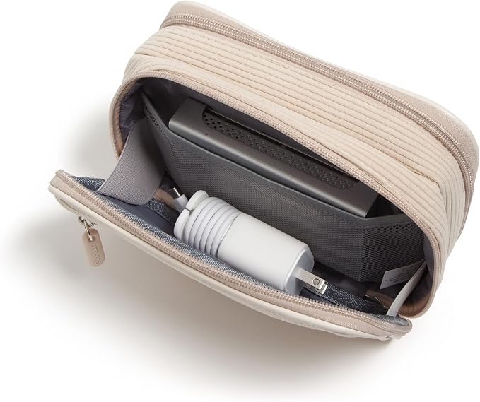 U Brands Dual Zip Corduroy Travel Electronics Organizer, Tech Travel Case, Portable Travel Bag, Cord Storage, 8" x 5.25" x 2.5", Sand Beige
