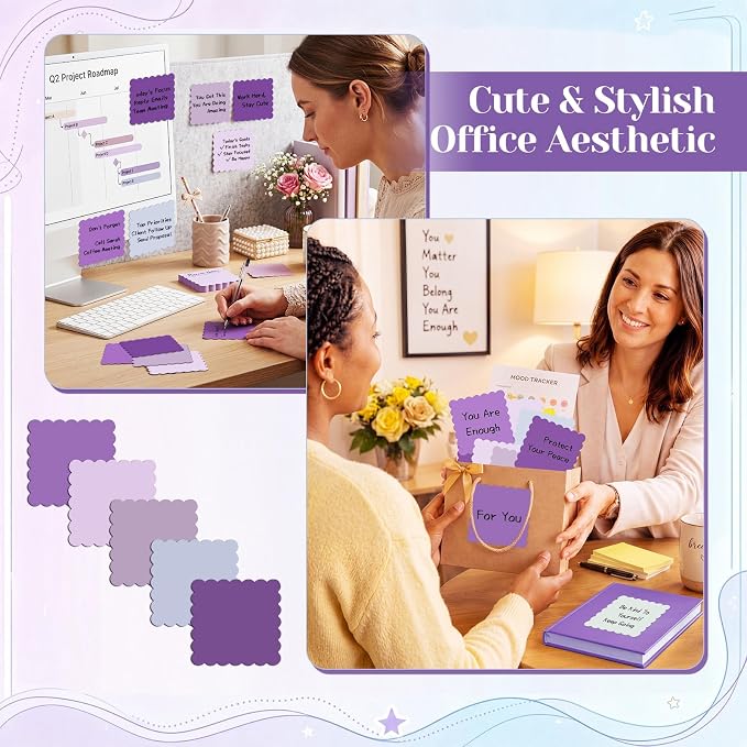 Epakh 10 Pack Scalloped Sticky Notes Bulk 3"x3" Cute Aesthetic Memo Pads 5 Gradient Colors Wavy Self Notepads for Office Study and Daily Life Organization, 300 Sheets(Purple)