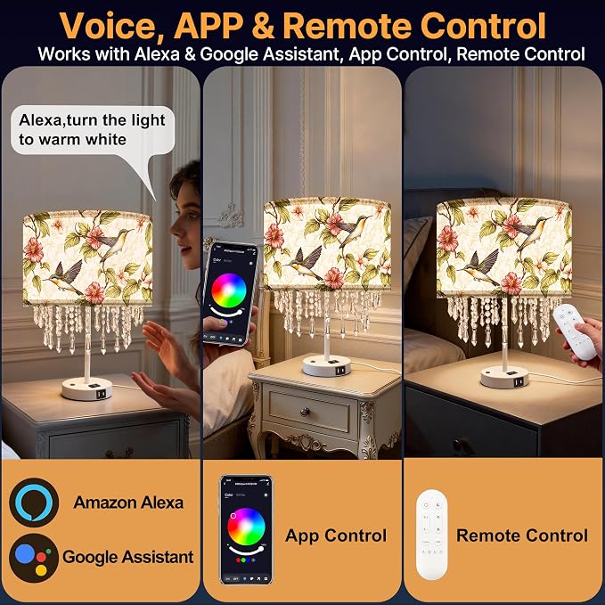 Smart Table Lamp with Hummingbird Fabric Shade & Acrylic Droplets, Dimmable E26 LED Bulb Included, Bedside Desk Lamp with USB C & AC Outlet , App & Voice Control, Works with Alexa & Google Assistant