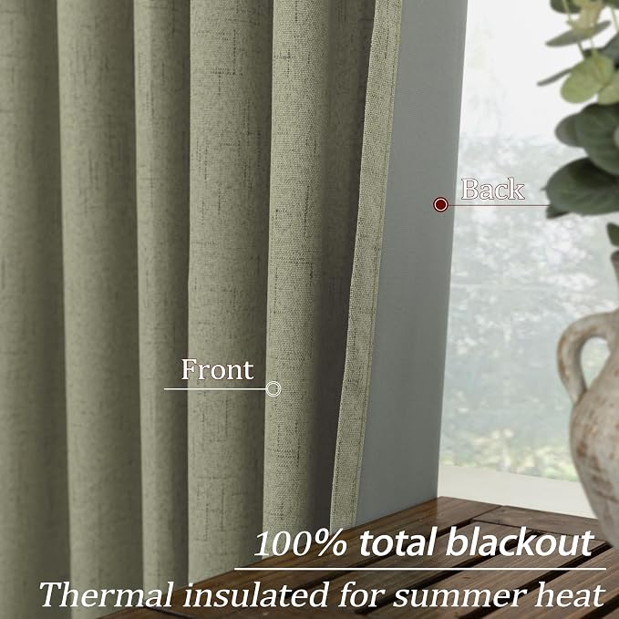 KOUFALL Sage Green Boho Blackout Curtains for Bedroom,French Country Cottage Core 63 Inch Long Black Out Linen Cottagecore Curtains for Living Room 2 Panels Set