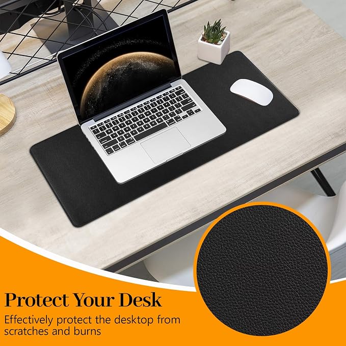 Black Leather Desk Pad Large Mouse Pad, 23.6"x13.8" | Waterproof Desk Mat for Keyboard and Mouse, Non-Slip Computer Desk Protector, Smooth Mouse Control for Home Office