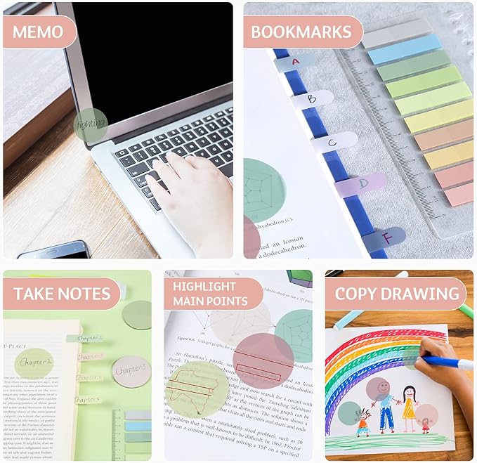 Transparent Sticky Notes, Pastel Round Clear Sticky Note Tabs for Annotating Books,600 Sheets Morandi Translucent Sticky Notes Book Tabs Sticky Tabs Book Markers Office & School Supplies