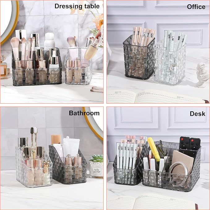DASITON Makeup Brush Holder Organizer, 4 Slots Acrylic Makeup Brushes Storage Cup, Woven Texture Make Up Brush Holder for Vanity Bathroom Office, Pen Holder for Desk, Cosmetic Display Cases (Grey L)