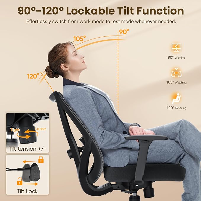 Ergonomic Office Chair, Mesh Computer Desk Chairs with Adjustable Lumbar Support, 3D Armrests, Tilt Function, Comfy Wide Seat, Executive Work Task Chair for Company and Home (Sponge Cushion)