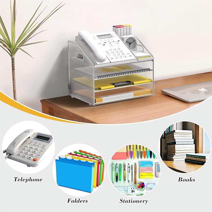 Letter Tray Paper, 4 Tier Desk Organizer with Pen Holder and Handle, Mesh File Organizer Paper Sorter Metal Desktop Document Shelf for Office Home Classroom - White