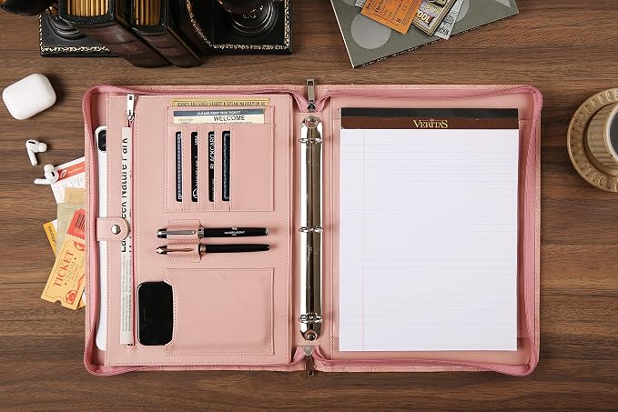 Vegan Leather Padfolio Binder, Personalized 3 Ring Binder for Women, Pink Leather, Handmade Portfolio Organizer, Engraved Resume Folder (Pink Pattern, Custom)