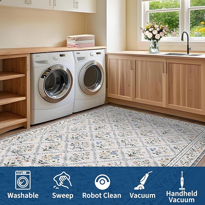 Floral 9x12 Area Rugs for Living Room Bedroom, Soft Washable Rugs 9x12 Stain Resistant, Ultra-Thin Non-Slip Dining Room Rug Non-Shedding Accent Carpet for Office Grey Beige