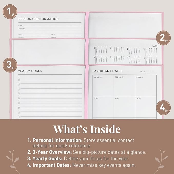 Rileys & Co Undated Daily Planner 8 x 6 in, Day Schedule Planner & Agenda Book, Journal with Goal & Habit Tracker, No Dates Dateless Annual Organizer for Work, School & Home - Pink