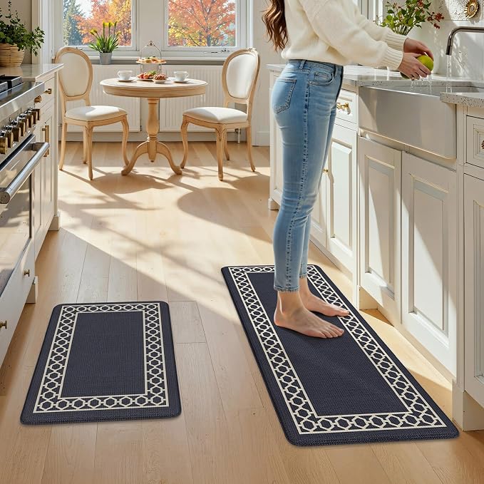 LEEVAN Anti Fatigue Kitchen Mats for Floor, Cushioned Kitchen Mat Set 2PCS | 20"x31"+20"x47", Boho Navy Blue Kitchen Rugs Non-Slip Comfort, Waterproof Ergonomic Standing Mats for Laundry, Office & Sink