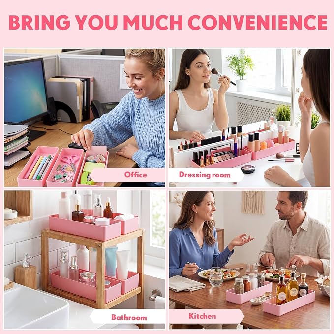 Teling 12 Pcs Pink Large Rectangular Desk Organizer Set Half Accessory Tray Plastic Tabletop Organizer for Office Home or Study Dimensions: 9.45 x 2.95 x 1.38 Inches