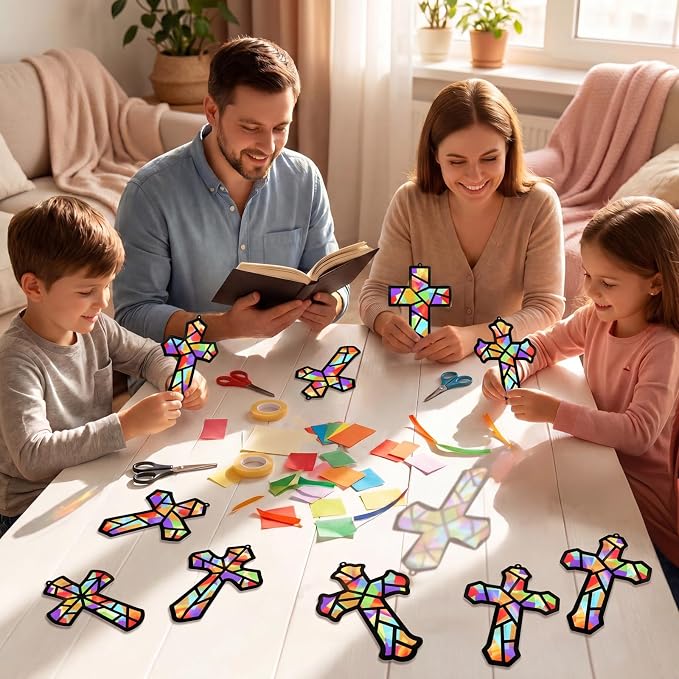 Renbuzhu 48PCS Sunday School VBS Crafts Bulk: Paper Cross Nativity Suncatchers, Jesus Religious Christian Activity DIY Kits Church Decorations, Window Stained Glass Effect Art Supplies