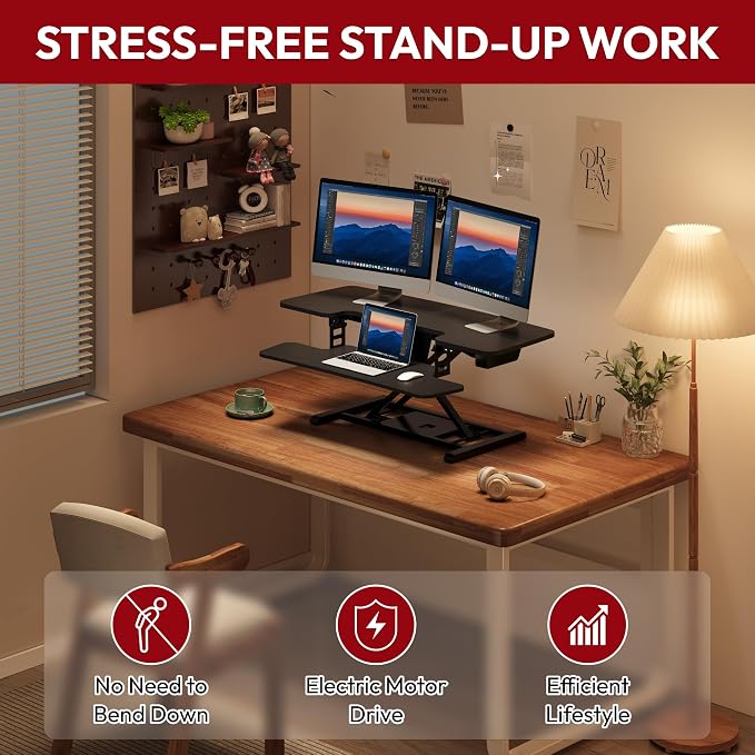 SANODESK 42" Electric Standing Desk Converter, Height Adjustable Riser for Office Home,Dual Monitor and Laptop Workstation with Large Keyboard Tray, Black Color