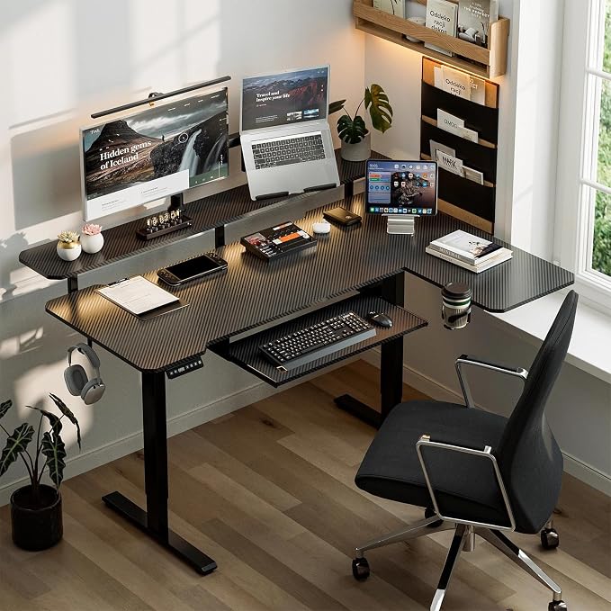 Acrolix 59 Inch L Shaped Standing Desk with Shelves and Keyboard, Electric Corner Standing Desk Adjustable Height, Sit Stand Computer Table with Reversiable Splice Board，Black Carbon