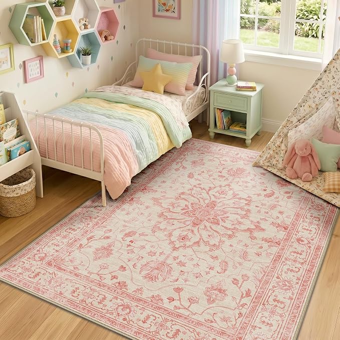 RELEANY Area Rugs 5'x7' Washable Non-Slip, Floral Vintage Distress Medallion Carpet for Living Room Bedroom Dining Room, Pink Light Vintage Pink