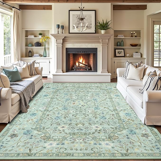 Vasofe 5x7 Rug for Living Room, Washable Rugs for Bedroom, Laundry, Dining Room, Vintage Floral Indoor Non Slip Carpet Farmhouse Light Green Throw Carpets Soft Low Pile Mat for Dorm Bedside Office