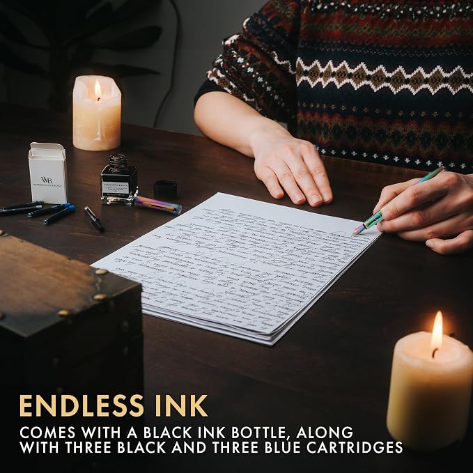 Wordsworth & Black Fountain Pen Set, 18K Gilded Medium and Extra Fine Nib, 25ML Black Ink Bottle, 6 Ink Cartridges,Refill Converter, Gift Box,Smooth Writing Pens [Rainbow],Gift Set for Men and Women
