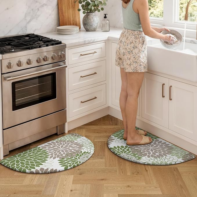 KIMODE Half Circle Anti Fatigue Mats for Kitchen Floor Kitchen Mats 2PCS | 18"x28+18"x28",Sage Green,Dahlia Floral Boho,Kitchen Rug Sets of 2,Non Slip,Waterproof,for Sink Office Laundry Bathroom Decor
