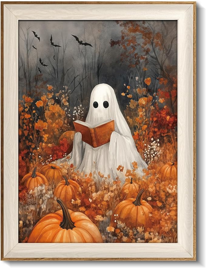 VIYYIEA Framed Wall Art for Living Room, Reading Ghost Canvas Prints, Autumn Home Decor, Halloween Painting Picture, Bathroom Wall Decor Gifts for Friends or Family -【Reading Ghost】-(16L x 12W)