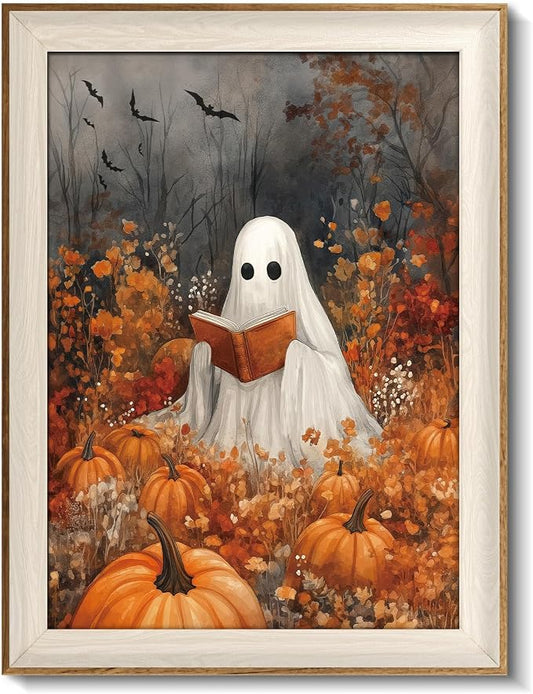 VIYYIEA Framed Wall Art for Living Room, Reading Ghost Canvas Prints, Autumn Home Decor, Halloween Painting Picture, Bathroom Wall Decor Gifts for Friends or Family -【Reading Ghost】-(16L x 12W)