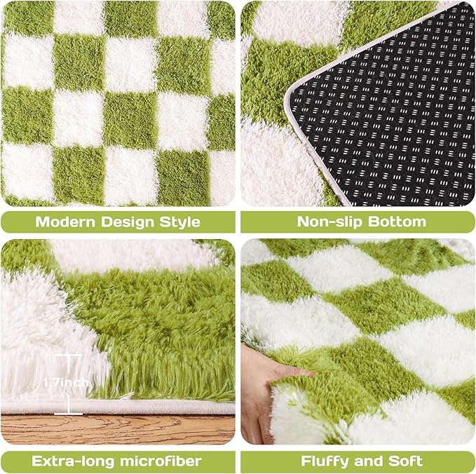 Area Rugs for Living Room 9x12, Ultra Fluffy Shag Checkered Rug Modern Washable Carpet Soft Shaggy Non Slip Indoor Plush Fuzzy Rugs for Bedroom Dorm Office Home Aesthetic Decor, Cream and Green