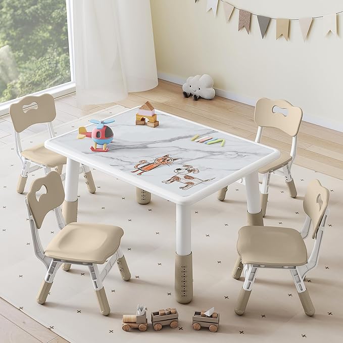 DOREROOM Toddler Table and 4 Chairs Set, Marble Top, No-Screw Legs, Natural | Graffiti Desktop, 31.5"L x 23.6"W, Frameless, Kids Ages 3-8, FSC-certified, Children Activity for Daycare, Classroom, Home