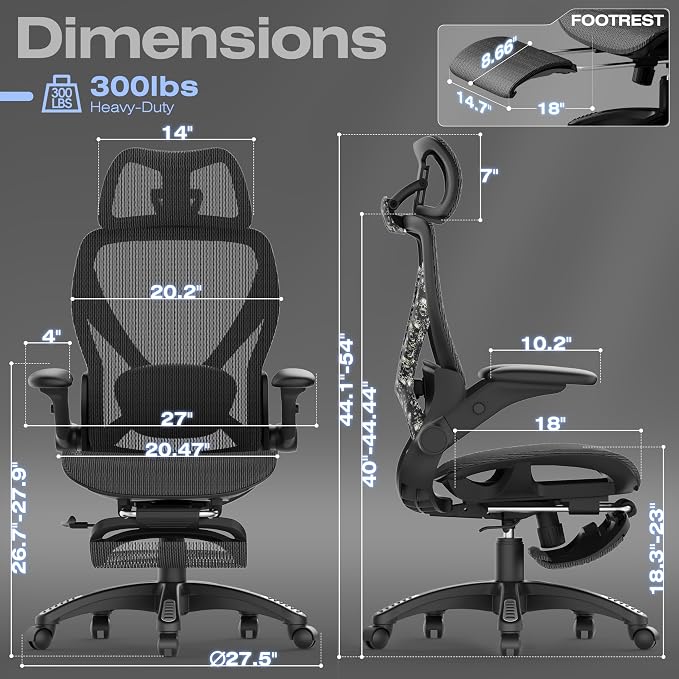 ELABEST X100 Ergonomic Mesh Office Chair with Footrest, Big and Tall Home Desk Chair with 5D Flip-Up Arms, Adjustable 3D Lumbar Support, Gaming & Executive Computer Chair, Night Reaper