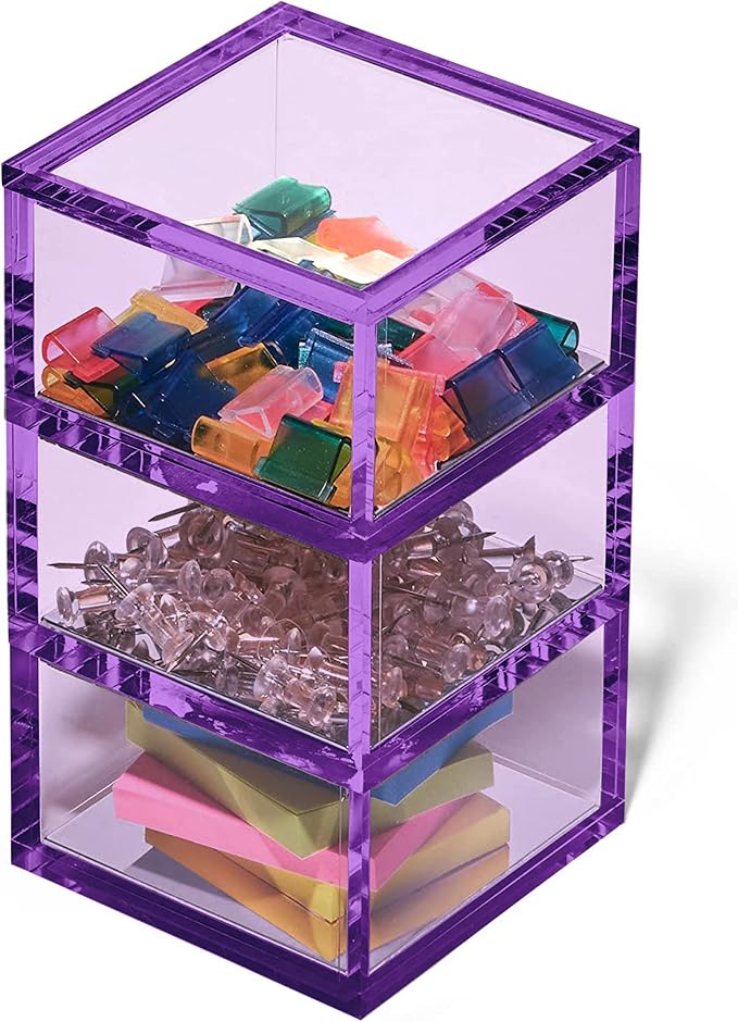 3-Tier Stackable Acrylic Holder- Stylish Desk Organizer and Storage for Office or Home – Transparent Square Design, Purple with Silver Metal Base
