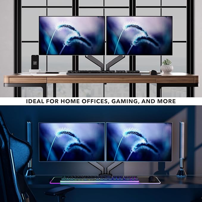 Mount-It! Dual Monitor Desk Mount, Two Independent Gas Spring Arms, Fits 13-32" Screens up to 17.6 lbs Each, VESA 75x75 & 100x100, Full Motion Tilt Swivel Rotate, C-Clamp & Grommet Base