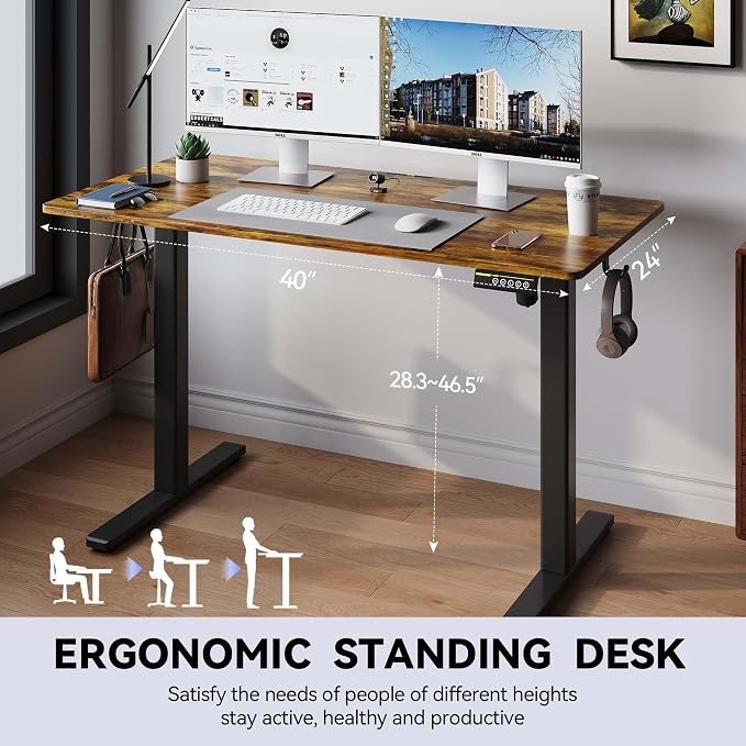 40 x 24 Inch Height Adjustable Standing Desk, 3 Presets, Brown | 40 x 24 in Desktop, 28.3–46.5 in Height, 2+3 Controls, ≤45 dB, 154 lb Capacity, 2 Hooks