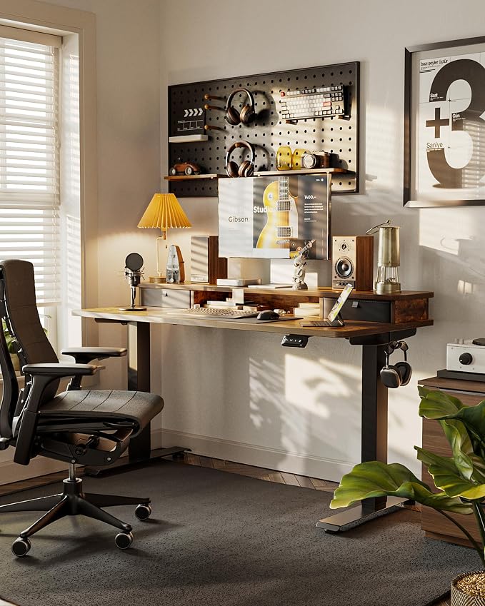 FEZIBO 60 x 24 Inch Height Adjustable Electric Standing Desk with Double Drawer, Stand up Home Office Computer Desk with 4 Height-Adjustable Feets & 2 Hooks, Rustic Brown