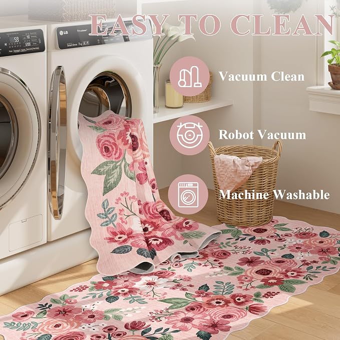 DUKINO 8x10 Area Rug, Floral Washable Rugs for Living Room with Non Slip Backing & Non-Shedding, Lightwight Low Pile Boho Design Large Carpets for Bedroom, Living Room, Dining Room, Pink