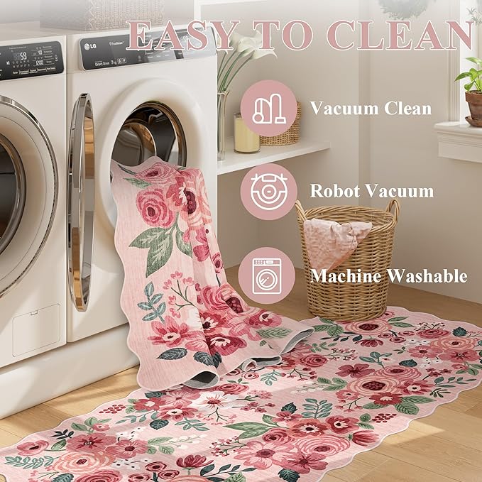 DUKINO 3x8 Washable Runner Rug, Soft Indoor Floral Non Slip Long Runner Rug for Hallways, Lightweight & Low Pile Floor Carpet for Kitchen, Entryway, Hallway, Bathroom, Laundry, Bedroom, Pink
