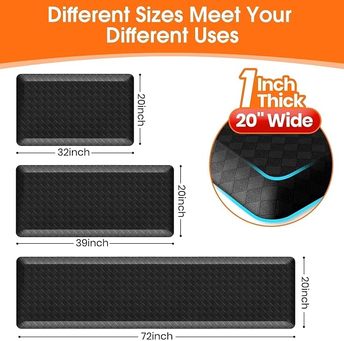 StepRite 1” Thick Kitchen Mats for Floor, Anti Fatigue Kitchen Rugs, Non-Slip,Heavy Duty Water Resistant Kitchen Rug, Standing Desk Mat for Friends, Family, Home, Kitchen, Office (72" x 20", Black)