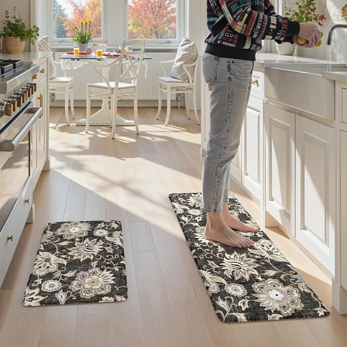 LEEVAN Anti Fatigue Kitchen Mats for Floor, Cushioned Kitchen Mat Set 2PCS | 17.3"x29"+17.3"x47", Boho Floral Black Kitchen Rugs Non-Slip, Waterproof Ergonomic Standing Mats for Laundry, Office, Sink