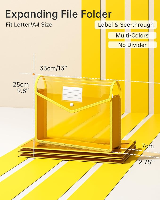 2 Pack Plastic Expanding File Folder, Transparent envelopes with Snap Closure, Fit Letter/A4 Size for School/Office/Home/Hospital, No Dividers, Large Capacity（Yellow）