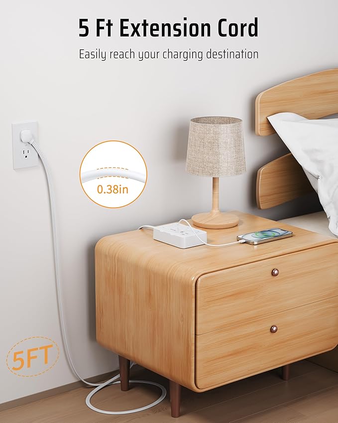 DEPOW Surge Protector Power Strip with Flat Plug, 5 FT Extension Cord with 6 AC Outlets 4 USB Ports(2 USB-C),1050J Surge Protection, Wall Mountable Charging Station for Office, Home, White