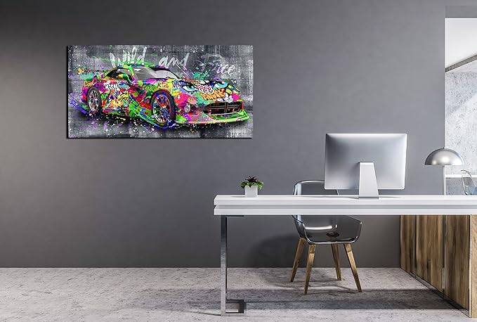 SIXTTART Graffiti Car Wall-Decor - Banksy Canvas Wall Art for Bedroom - Teen Boy Room Decor Ready To Hang Size 40" x 20"